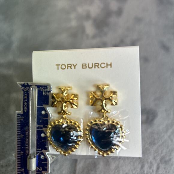 Tory Burch Roxanne Earrings Gold Logo & Classic Sapphire Blue Hearts wrapped - Picture 5 of 5